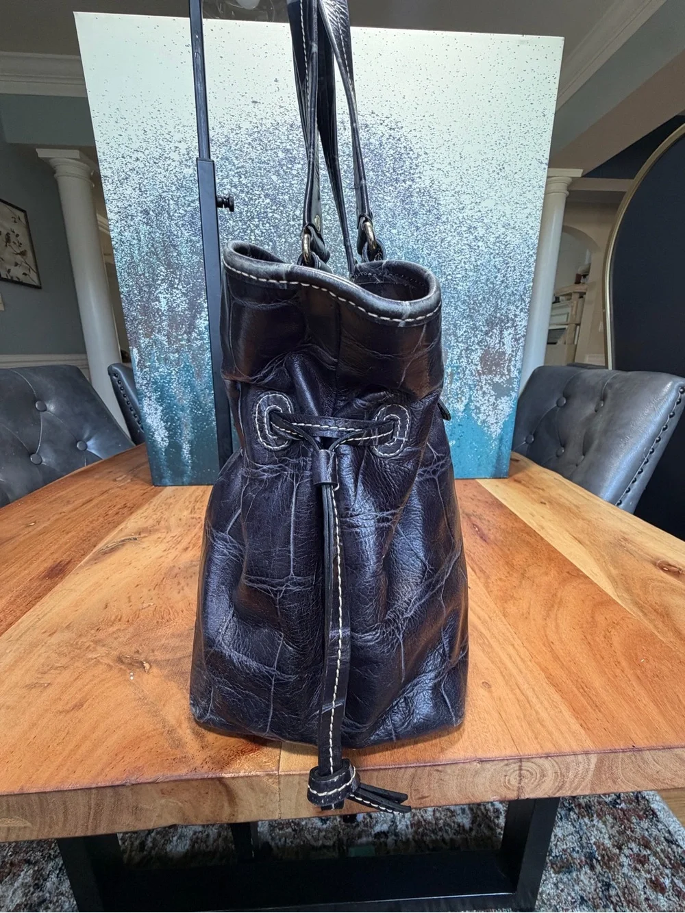 Dooney & Bourke Luxe Y2K Vintage Soft Croc Medium Chiara Drawstring Tote Black